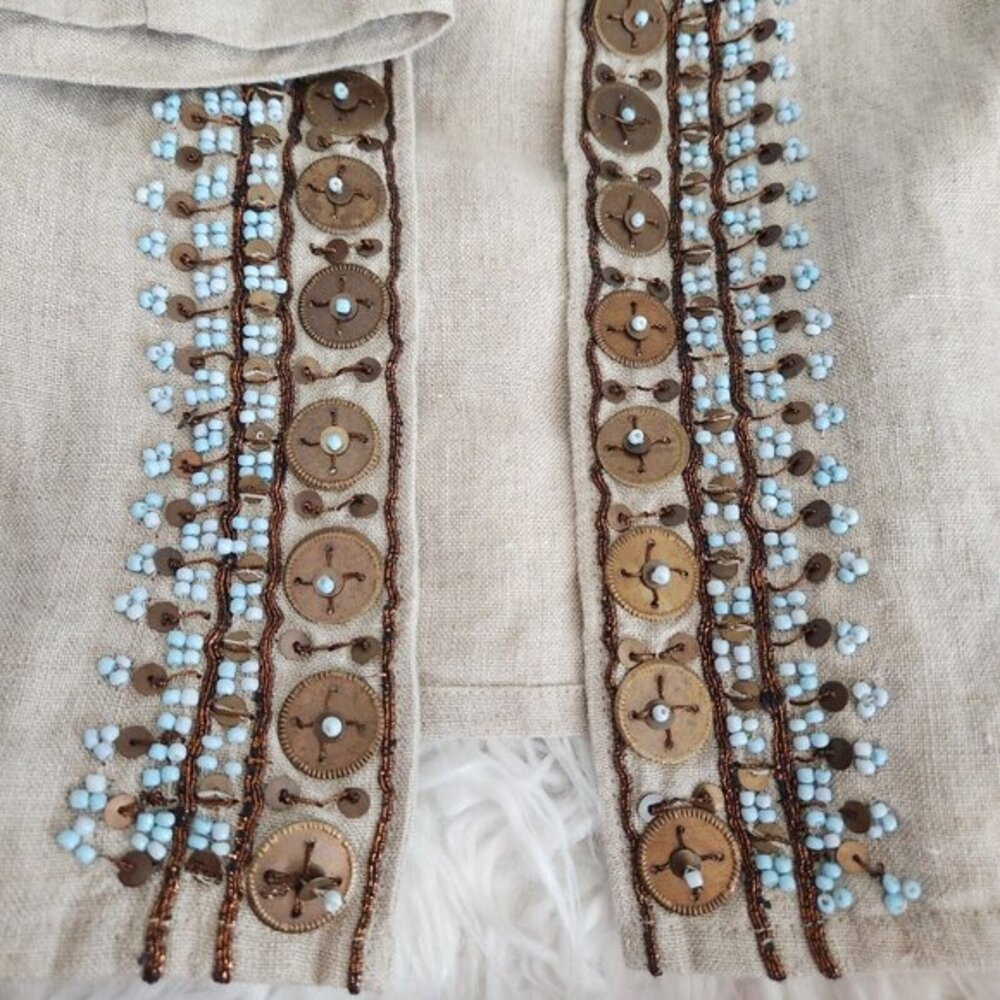 Chicos Jacket Women's 2 L 12 Embellished 100% Linen 3/4 Sleeves Tan Boho Casual - Picture 14 of 15